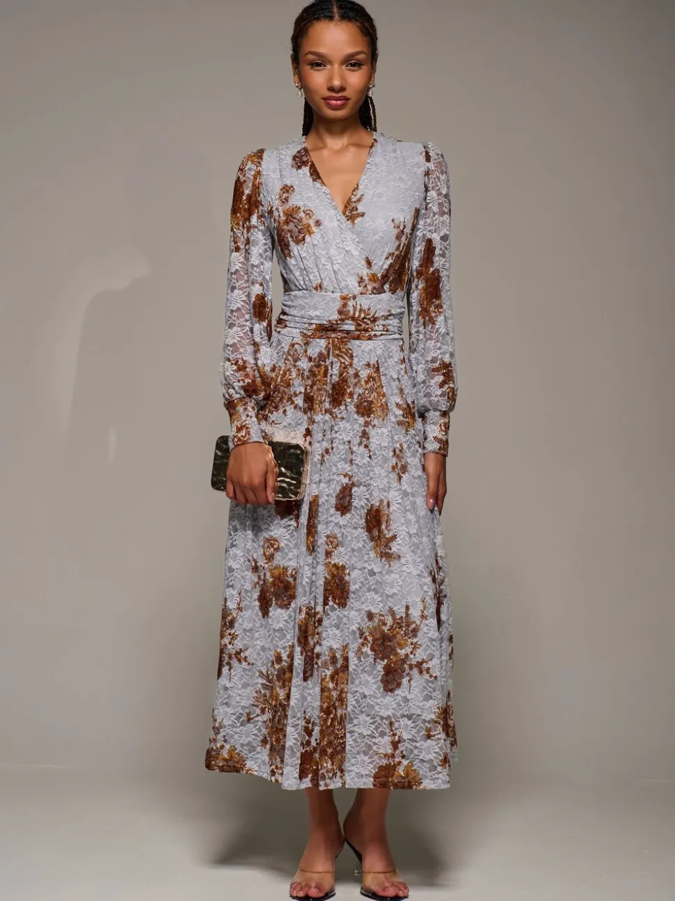 Blauw - Jolie Moi Long Sleeve Printed Lace Midaxi Dress