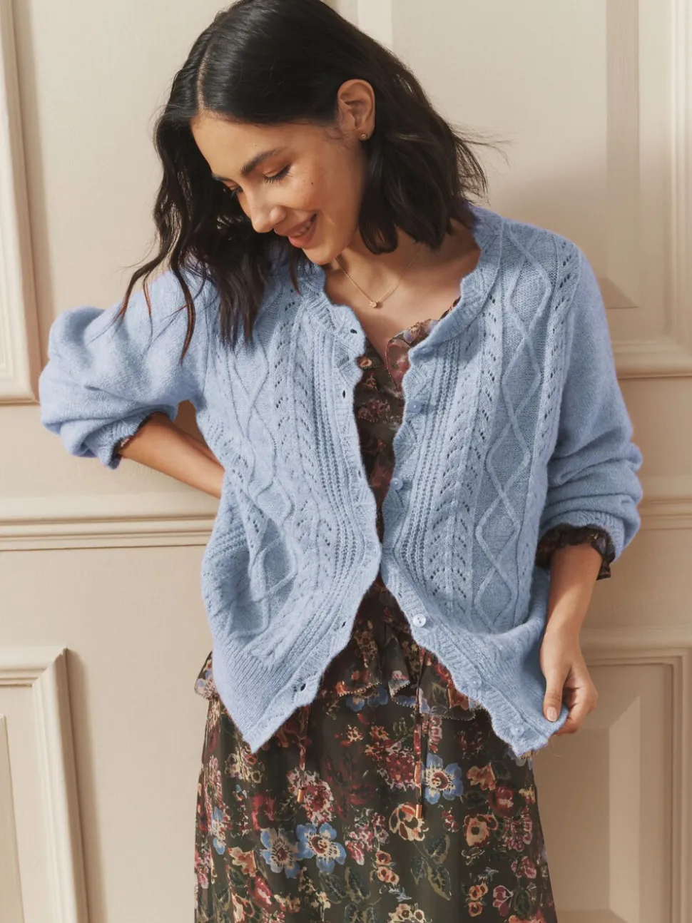 Blauw - Laura Ashley Pointelle Button Through Scallop Cardigan With A Touch Of Wool