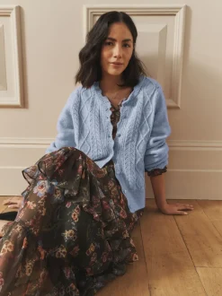 Blauw - Laura Ashley Pointelle Button Through Scallop Cardigan With A Touch Of Wool