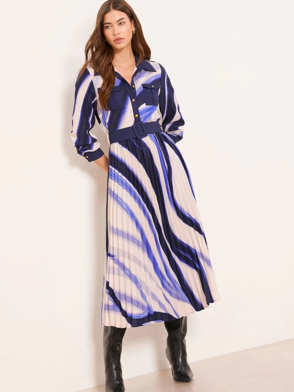 Blauw - Lipsy Marble Print Woven Pleated Midi Shirt Dress