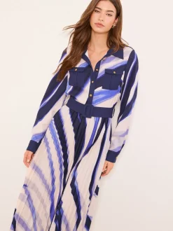 Blauw - Lipsy Marble Print Woven Pleated Midi Shirt Dress