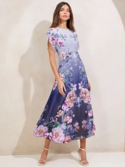 Blauw - Lipsy ombré midi-jurk met bloemenprint, tulpmouwen en fit en flare-model