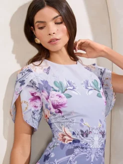 Blauw - Lipsy ombré midi-jurk met bloemenprint, tulpmouwen en fit en flare-model