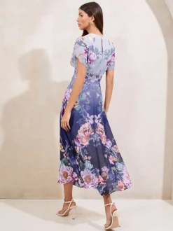 Blauw - Lipsy ombré midi-jurk met bloemenprint, tulpmouwen en fit en flare-model