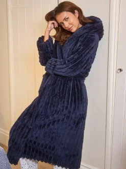Blauw - Loungeable Plush Ridged Fleece Midi Hooded Dressing Gown