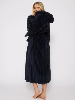 Blauw - Loungeable Plush Ridged Fleece Midi Hooded Dressing Gown