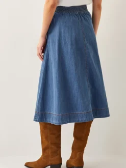 Blauw - Monsoon Harper Seamed Denim 100% Cotton Midi Skirt