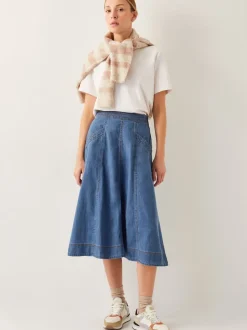 Blauw - Monsoon Harper Seamed Denim 100% Cotton Midi Skirt