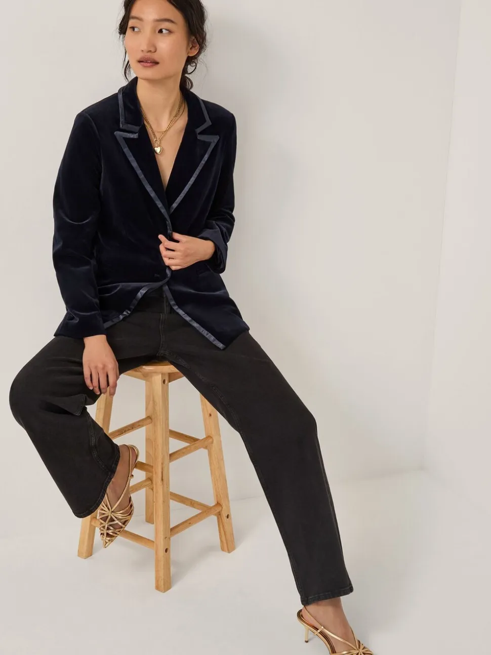 Blauw - Monsoon Mila Single Breasted Velvet Blazer