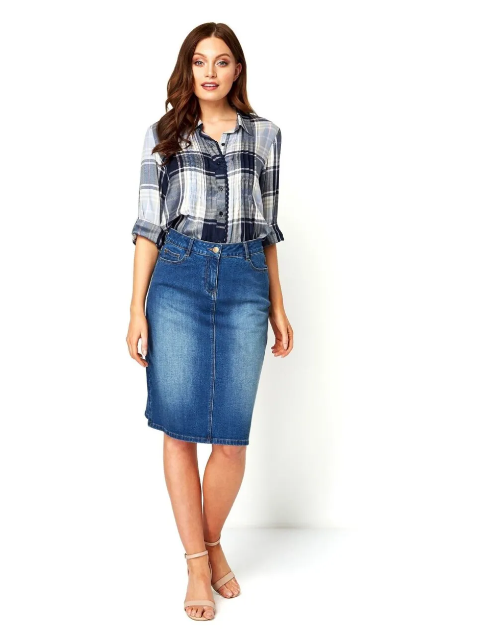 Blauw - Roman A-Line Knee Length Denim Skirt