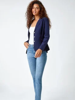 Blauw - Roman blazer met stretch en knopendetail