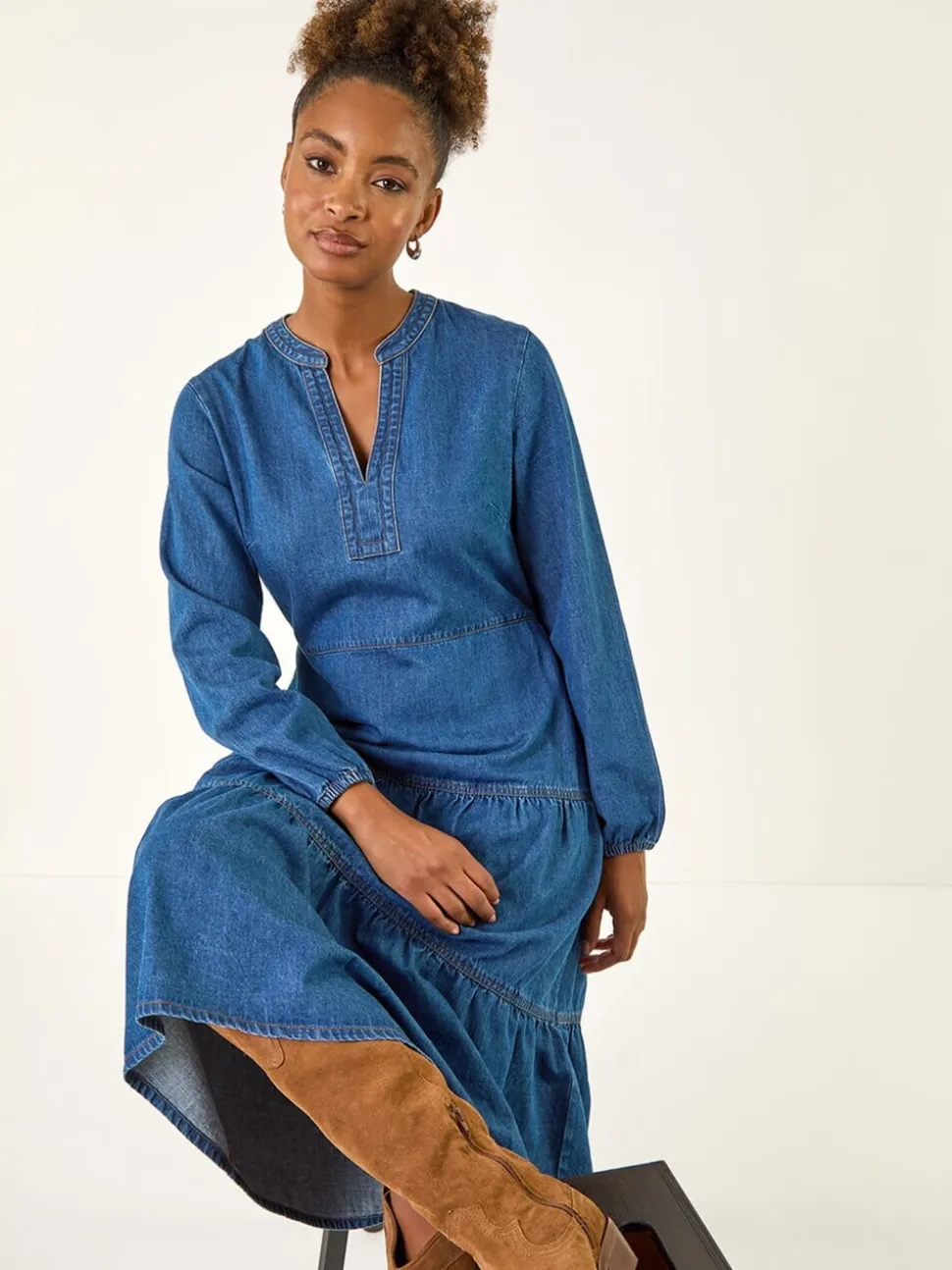 Blauw - Roman Cotton Denim Tiered Midi Dress