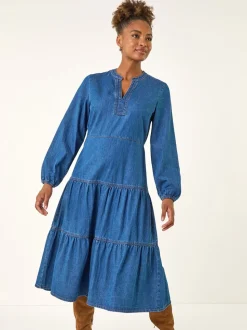 Blauw - Roman Cotton Denim Tiered Midi Dress