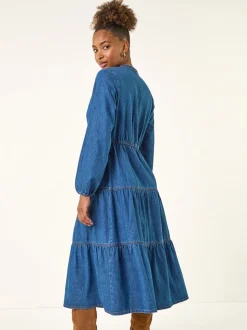 Blauw - Roman Cotton Denim Tiered Midi Dress