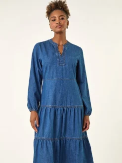Blauw - Roman Cotton Denim Tiered Midi Dress