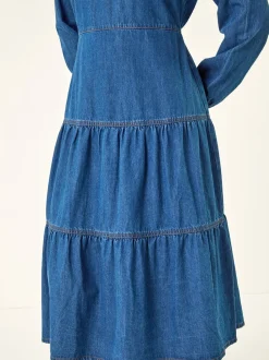 Blauw - Roman Cotton Denim Tiered Midi Dress