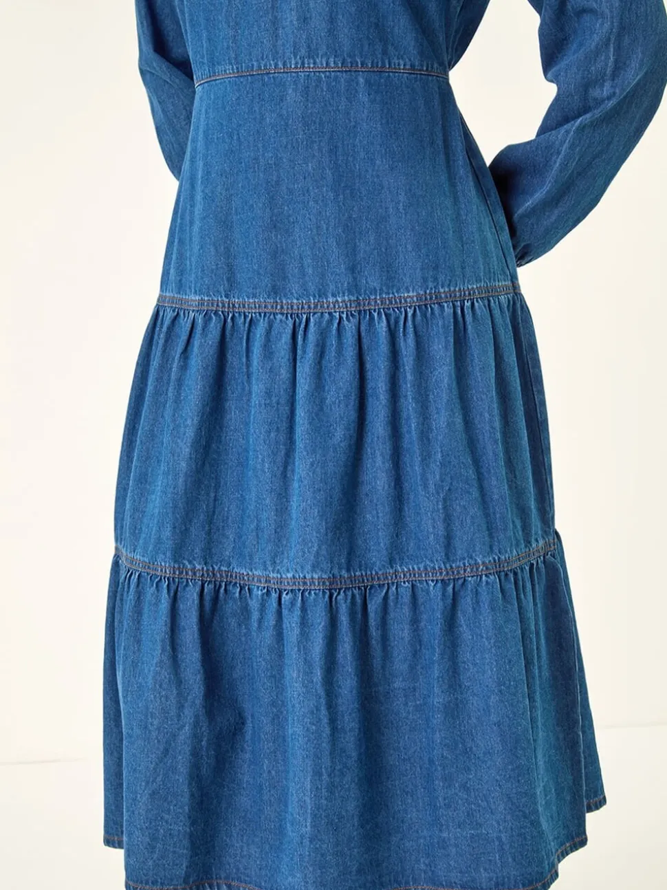 Blauw - Roman Cotton Denim Tiered Midi Dress