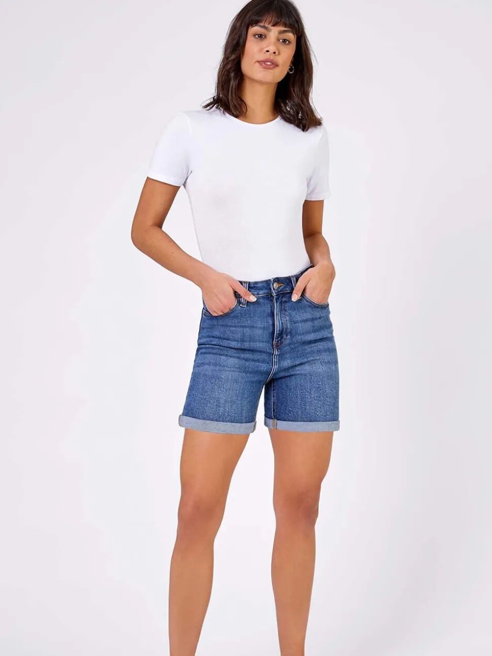 Blauw - Roman Denim mom short met stretchy