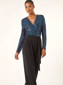 Blauw - Roman Pailletten wikkel V-hals stretchy Jumpsuit