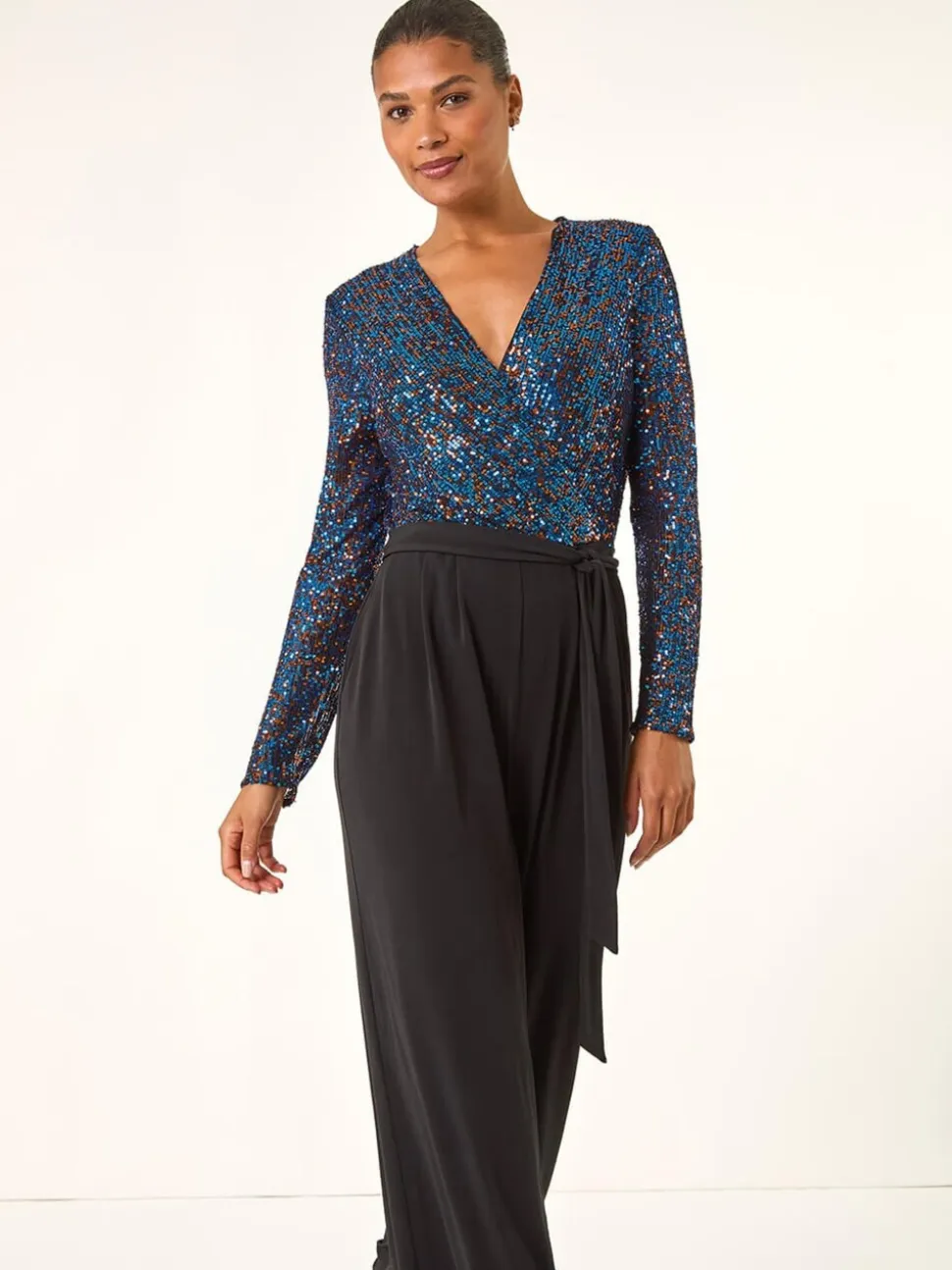 Blauw - Roman Pailletten wikkel V-hals stretchy Jumpsuit