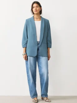 Blauw - Ruimvallend blazer met gerimpelde mouwen