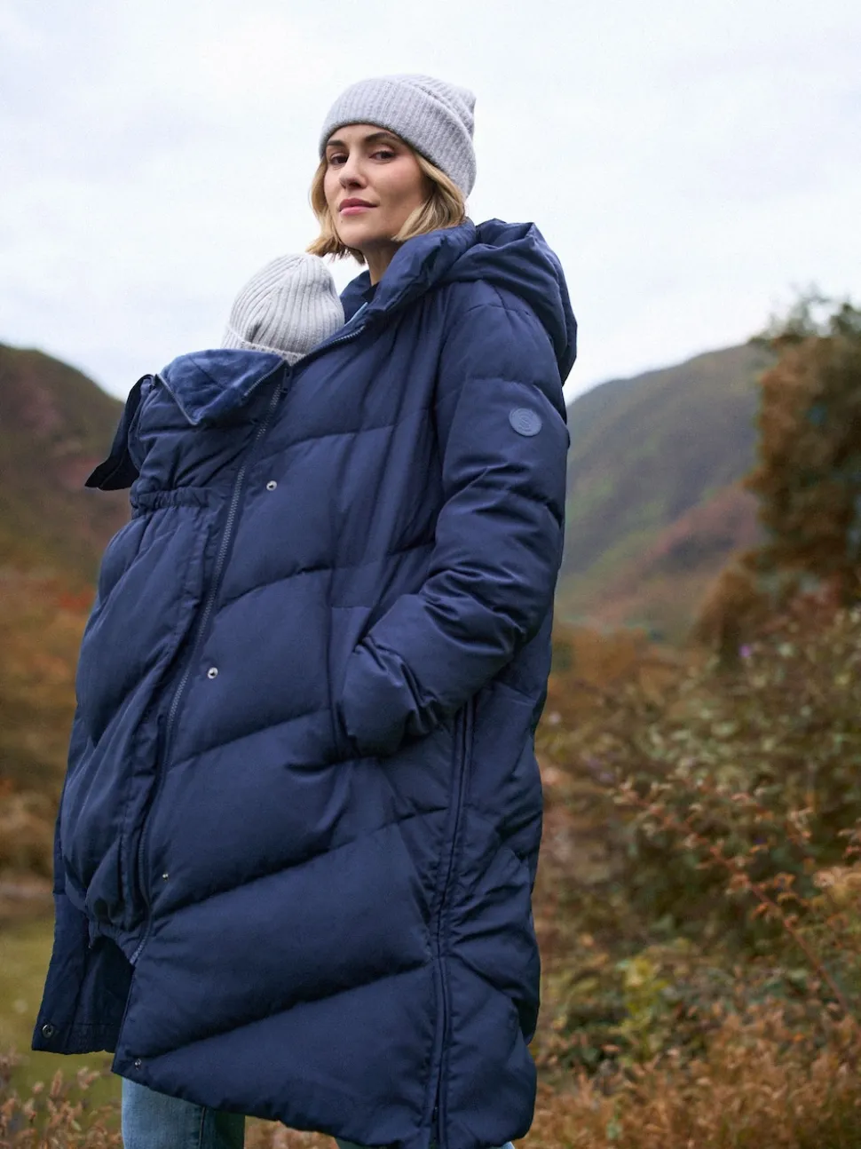 Blauw - Seraphine Lange Chevron 3 in 1 zwangerschaps- & draagjas met donsvulling