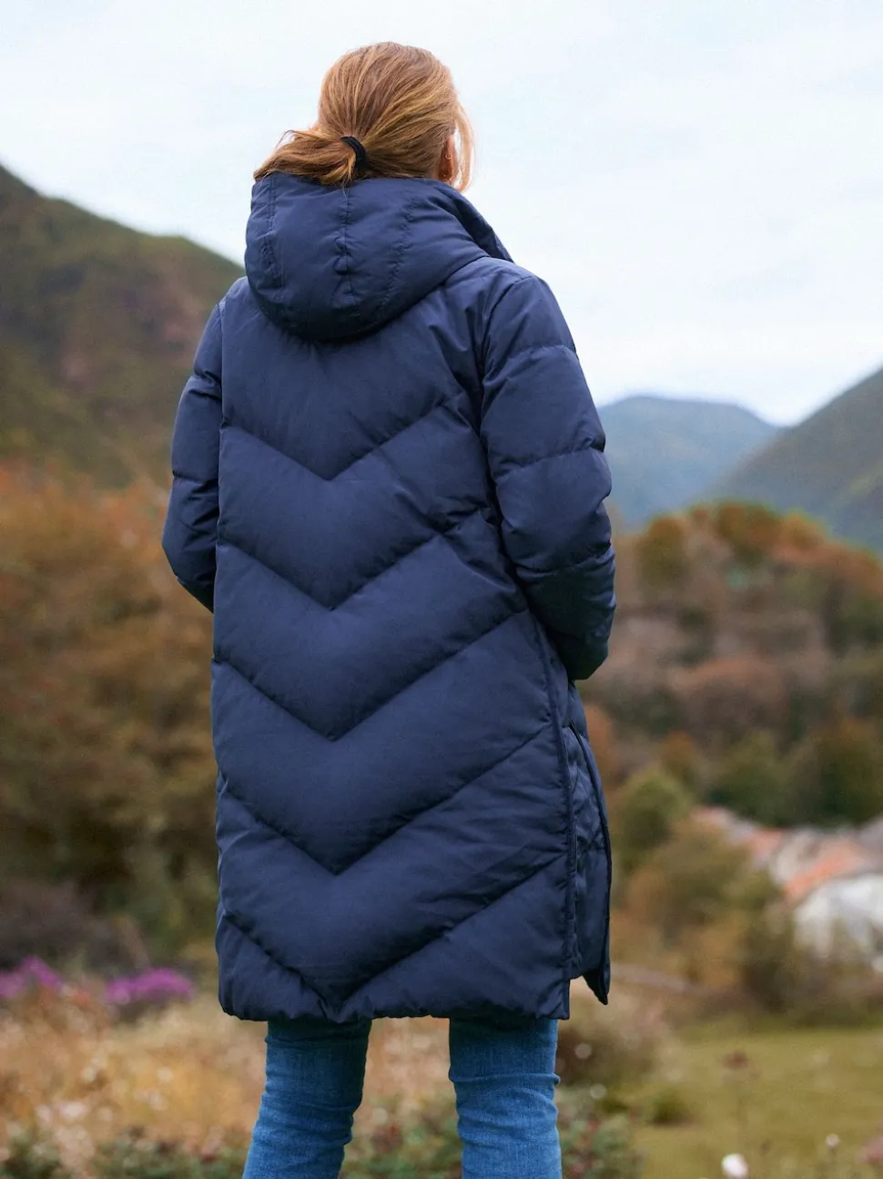 Blauw - Seraphine Lange Chevron 3 in 1 zwangerschaps- & draagjas met donsvulling
