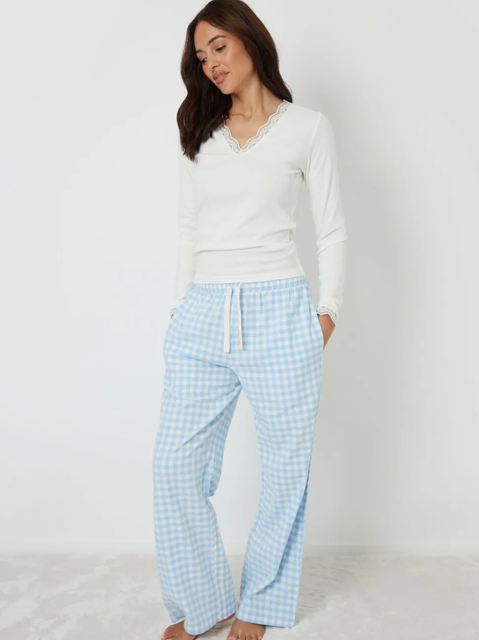 Blauw - Threadbare - Katoenen pyjama met lange mouwen