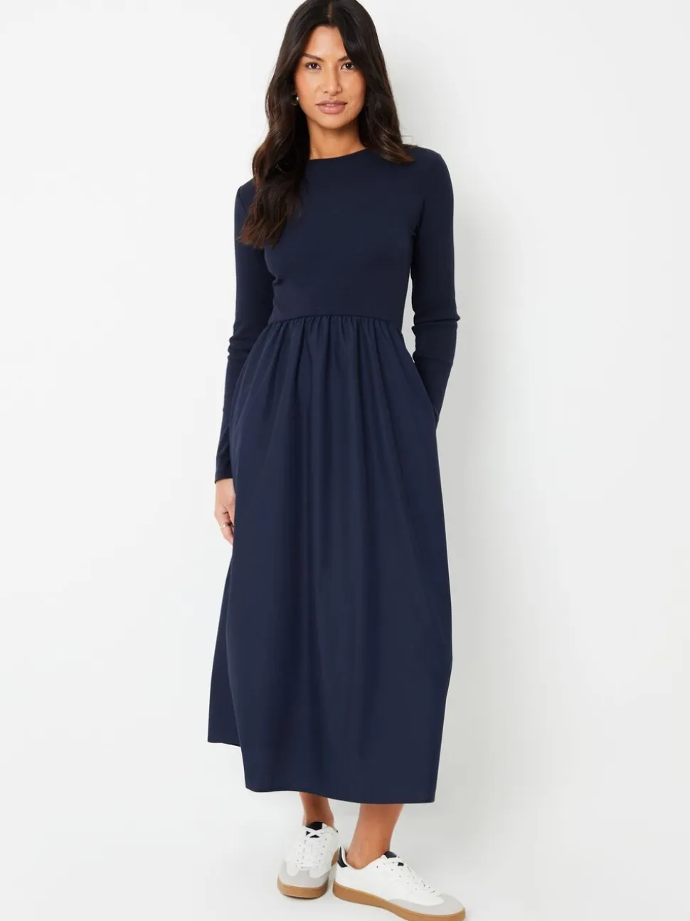 Blauw - Threadbare geribbelde jersey 2-in-1 midi-jurk met poplin rok