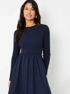 Blauw - Threadbare geribbelde jersey 2-in-1 midi-jurk met poplin rok