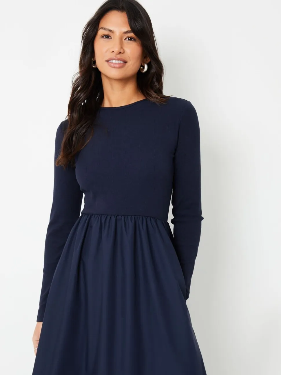 Blauw - Threadbare geribbelde jersey 2-in-1 midi-jurk met poplin rok