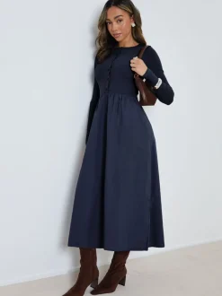 Blauw - Threadbare 2-in-1 Jersey Poplin Mix Button Down Dress