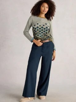 Blauw - White Stuff Belle broek met wijde pijpen en tweedachtige look