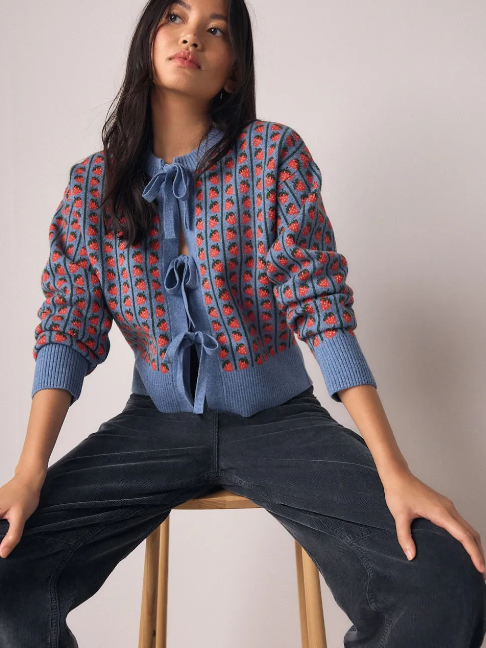 Blauw aardbei - Supersoft Tie Front Knitted Cardigan