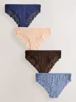 Blauw fijne bloemenprint - Katoenen kanten slipjes 4 stuks