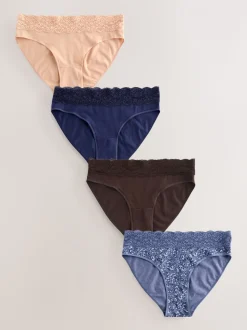 Blauw fijne bloemenprint - Katoenen kanten slipjes 4 stuks