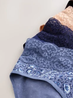 Blauw fijne bloemenprint - Katoenen kanten slipjes 4 stuks