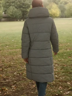 Blauw geruit - Regenbestendige gewatteerde lange jas met capuchon