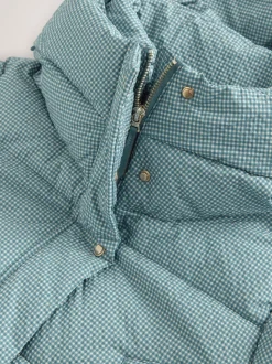 Blauw geruit - Regenbestendige gewatteerde lange jas met capuchon