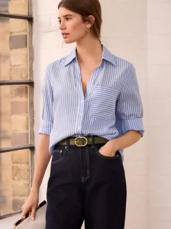 Blauw gestreept - Soft Relaxed Long Sleeve V Neck Shirt