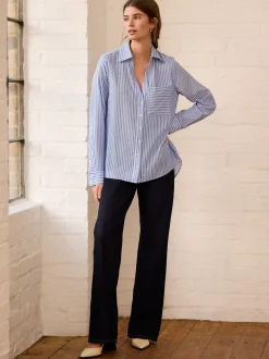 Blauw gestreept - Soft Relaxed Long Sleeve V Neck Shirt