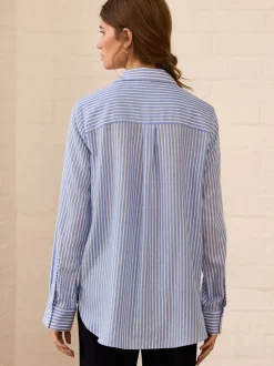 Blauw gestreept - Soft Relaxed Long Sleeve V Neck Shirt
