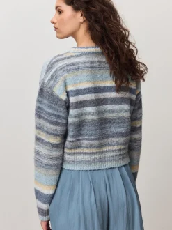 Blauw meerkleurig - Spacedye Knitted Crew Neck Cardigan