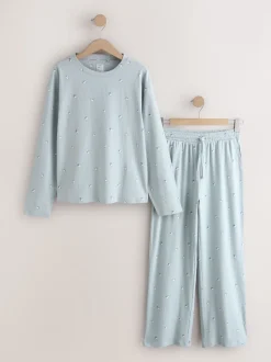 Blauw met papegaaiduiker - Geribbelde pyjama met lange mouwen