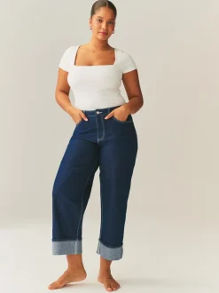 Blauw met wassing - Boyfriend Hourglass Wide Leg Mid Rise Turn Up Jeans