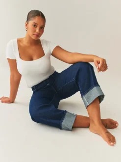 Blauw met wassing - Boyfriend Hourglass Wide Leg Mid Rise Turn Up Jeans