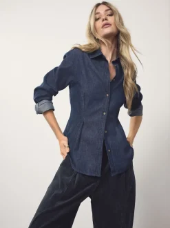 Blauw met wassing - Cinch Waist Fitted Long Sleeve Denim Shirt