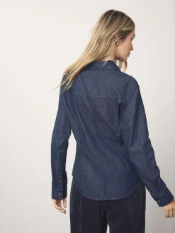 Blauw met wassing - Cinch Waist Fitted Long Sleeve Denim Shirt