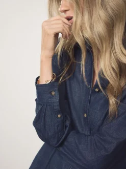 Blauw met wassing - Cinch Waist Fitted Long Sleeve Denim Shirt