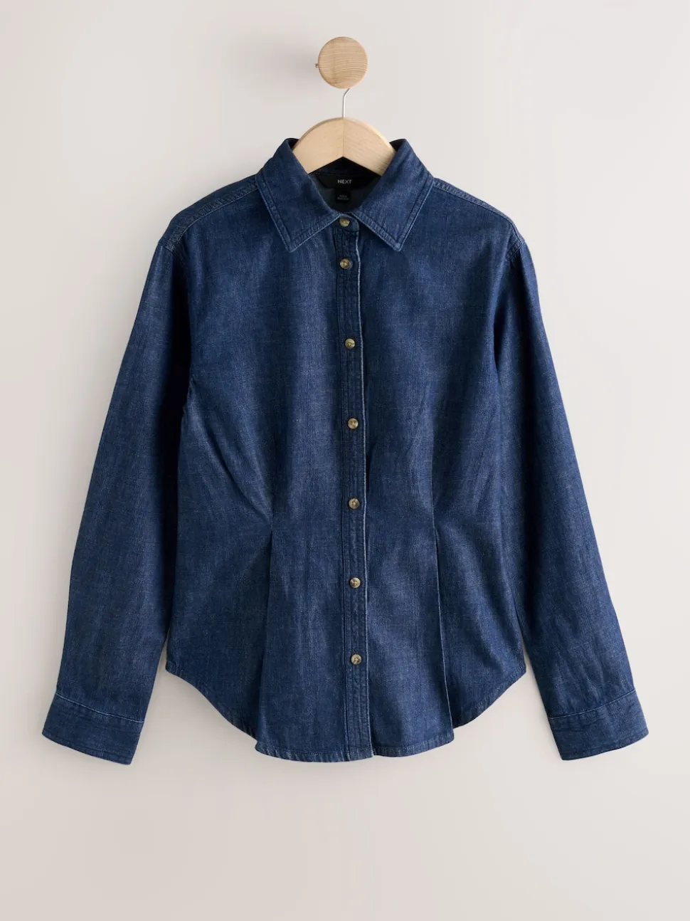 Blauw met wassing - Cinch Waist Fitted Long Sleeve Denim Shirt